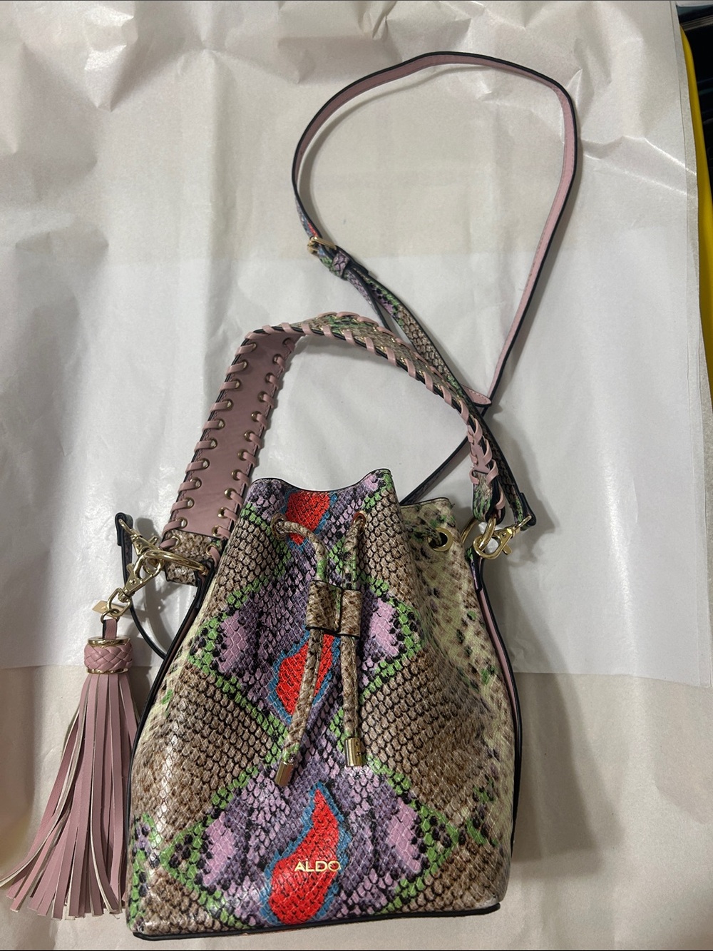 Aldo Pink Multicolor Snake-Print Drawstring Bucket Bag with Tassel
